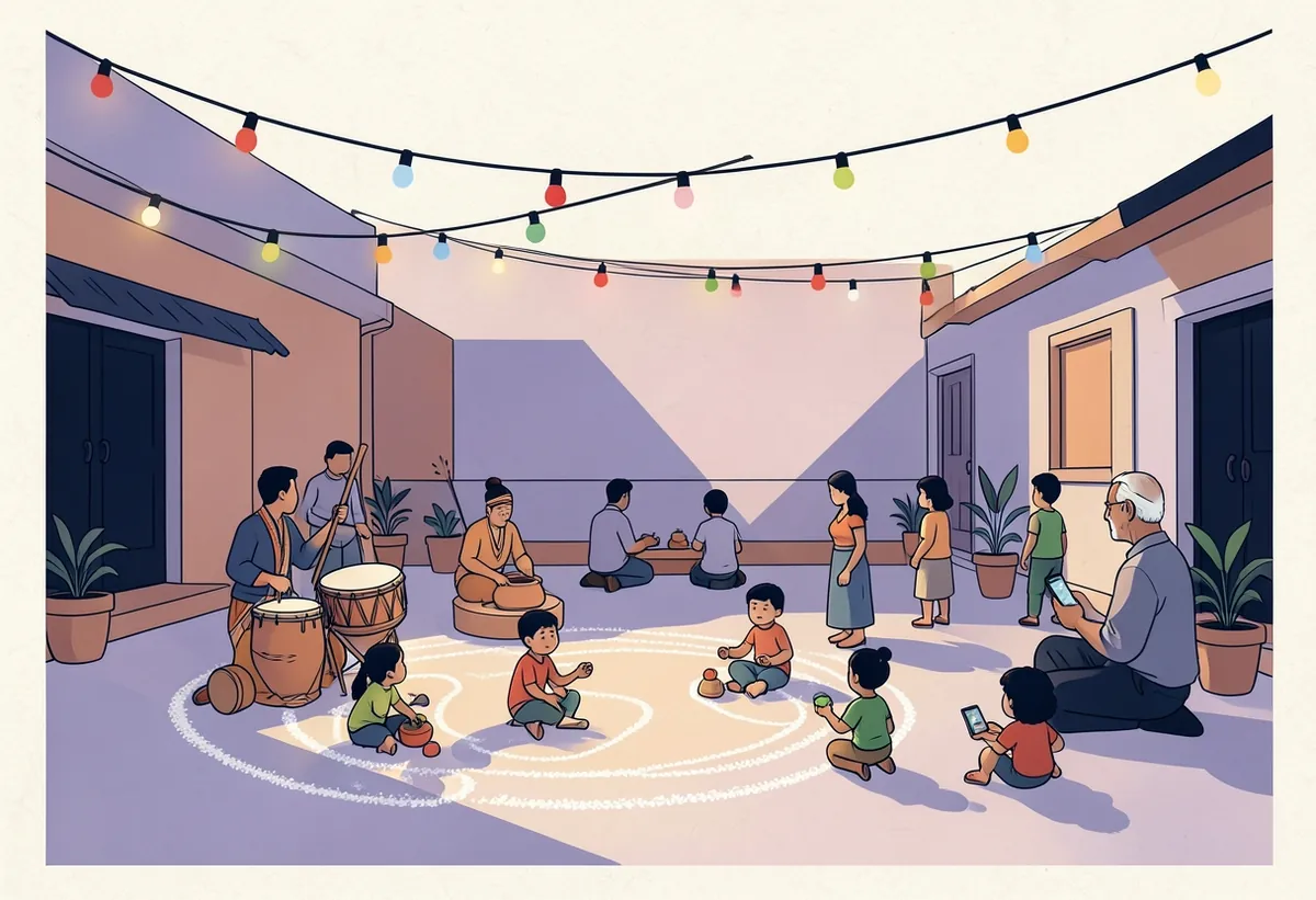 Illustration: a courtyard gathering with a kolam, a drummer, a potter and children playing under string lights.