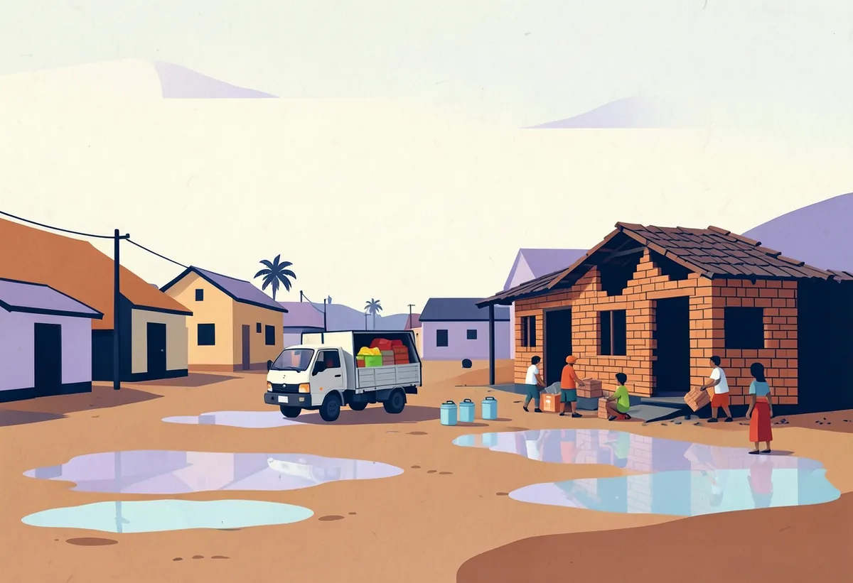 Illustration: volunteers unloading relief supplies after a flood while a family rebuilds a brick house.