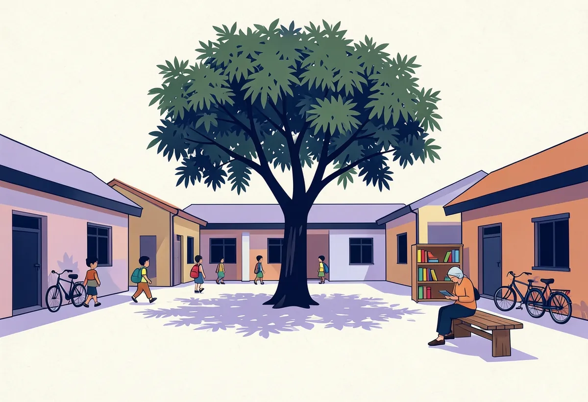 Illustration: children walking into a school courtyard under a tree while an older woman reads on a tablet.