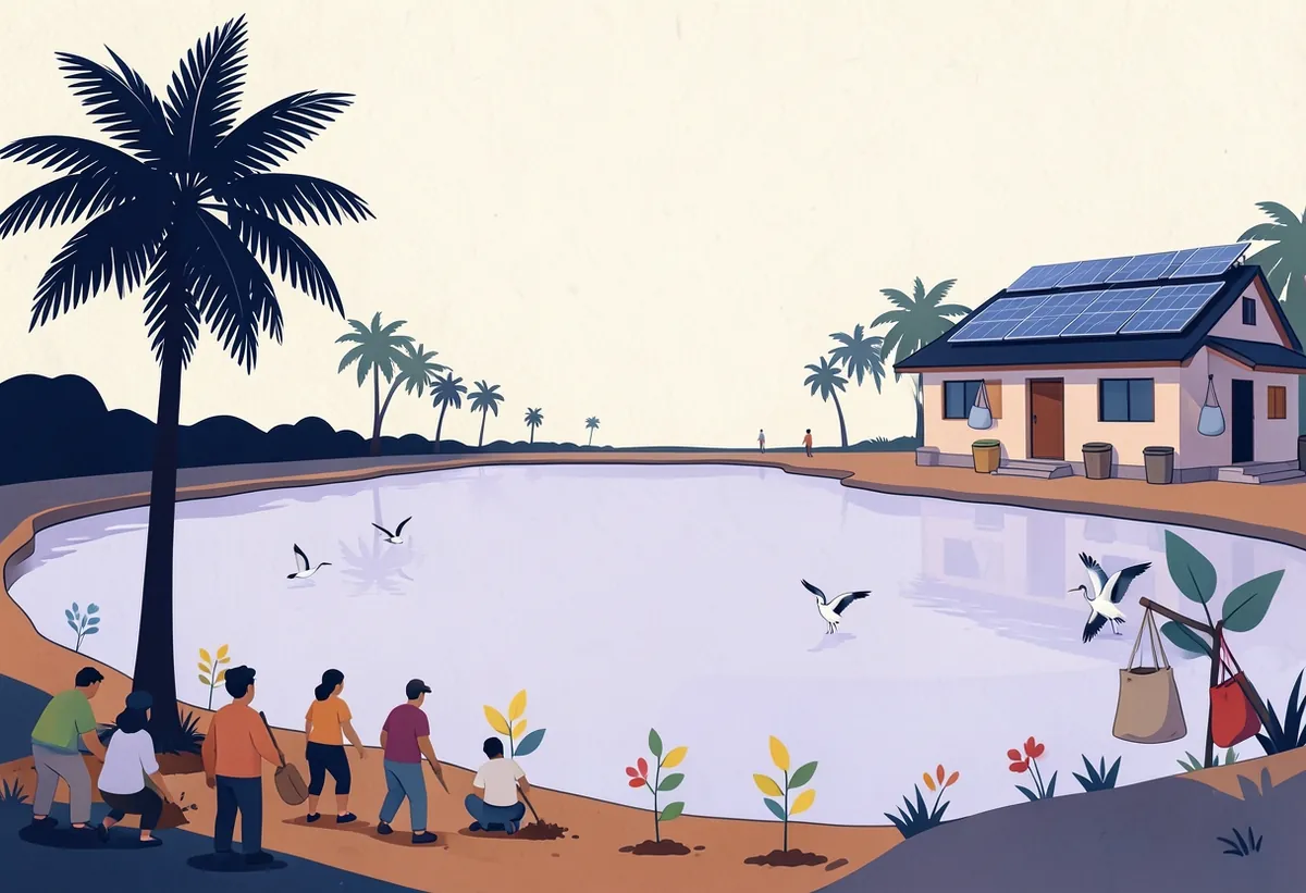 Illustration: people planting saplings beside a village lake, with solar panels on a house nearby.