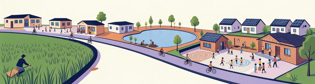 Illustration: a town and countryside joined by one road, with fields, a school, a lake, solar homes and a community courtyard.