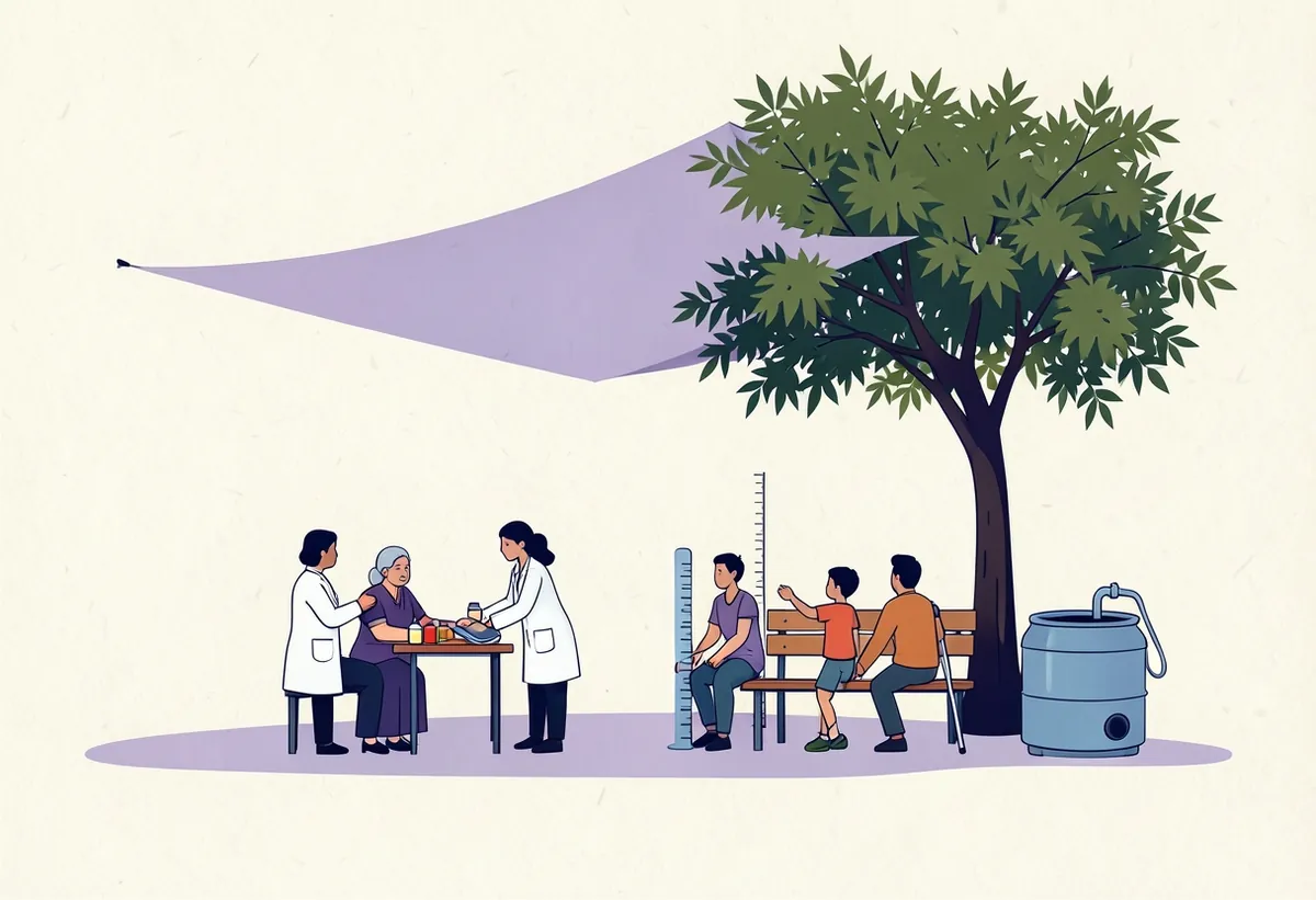 Illustration: a health camp under a canopy, with a doctor checking an older woman's blood pressure and people waiting.