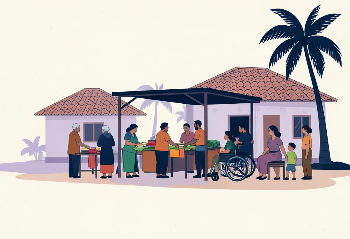 Illustration: volunteers serving meals under a shelter to older people, a woman in a wheelchair and a family.