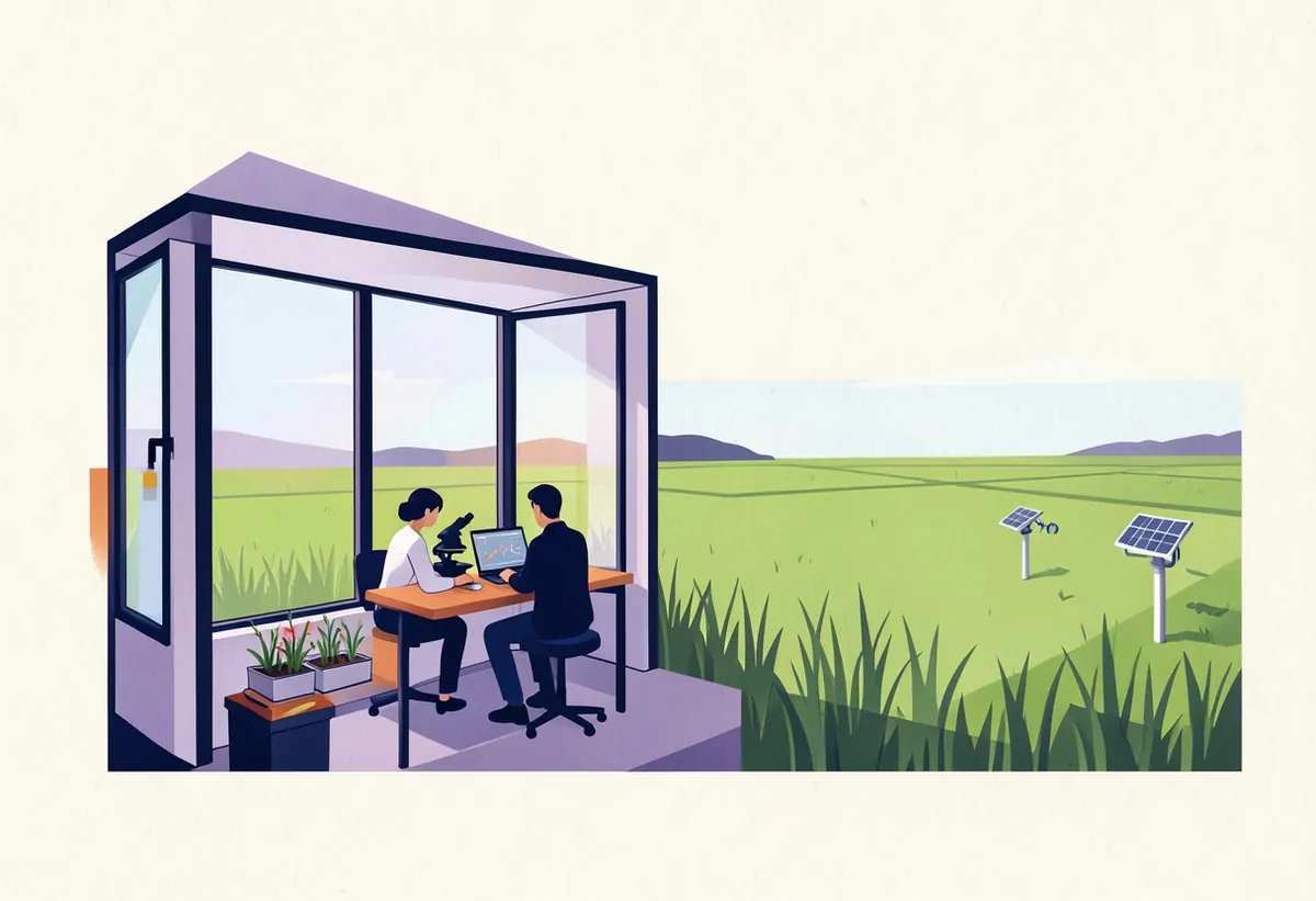 Illustration: two researchers with a microscope and a laptop in a small laboratory beside green paddy fields.